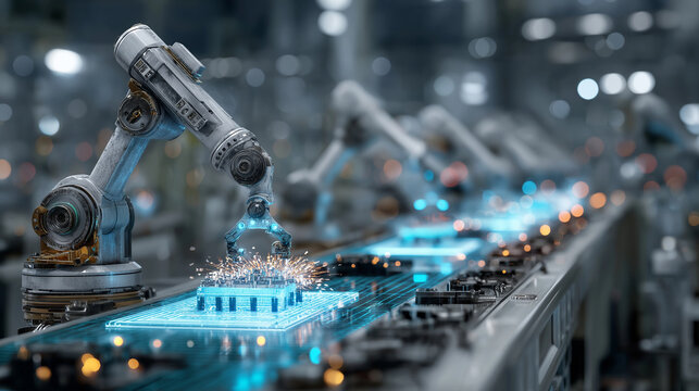 Industrial robots assembling electronics on automated line, glowing holographic dashboard overlay.