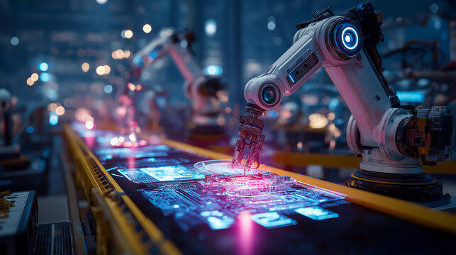 Industrial robots assembling electronics on automated line, glowing holographic dashboard overlay.