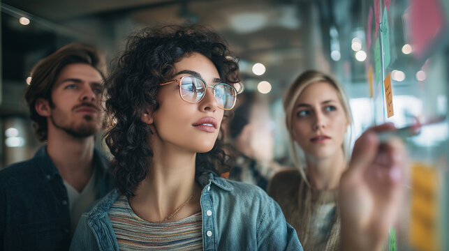 Mixed-gender creative professionals writing ideas on glass wall in office. - Powered by Adobe