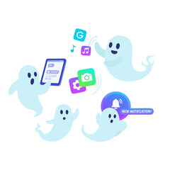 Cute Ghosts Depicting Digital App Usage and Notifications with Pastel Tones in Flat Vector Design Style