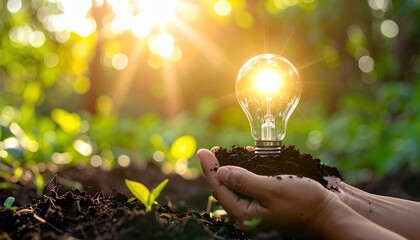 Illuminated Light Bulb Symbolizing Eco-Friendly Innovation and Earth's Green Sustainability