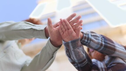 Redhead kids giving high five outdoors, playful bonding and joyful fun