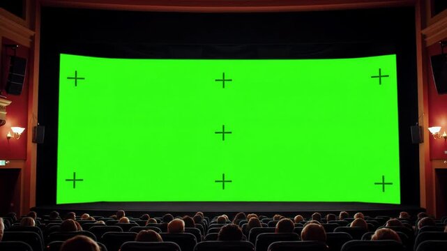 A wide, static eye-level video inside a dimly lit cinema with silhouetted audience focused on a vibrant green screen, black velvet seats, and dark red walls. Concept of anticipation and anonymity