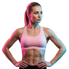 Fit woman with toned abs in sports bra isolated on transparent background
