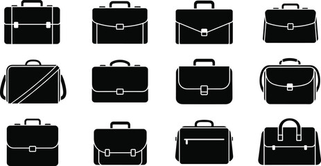 Briefcase and bag icons, black silhouette vector, travel luggage, office bags, professional styles, minimal design, business accessories, modern shapes, flat illustration
