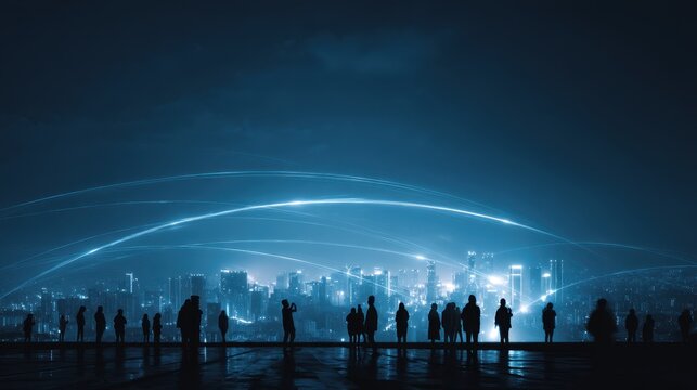 Futuristic city network with people connected by glowing digital data lines