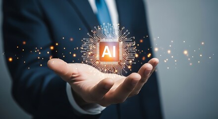 AI in Business - Man Holding a Glowing AI Chip.