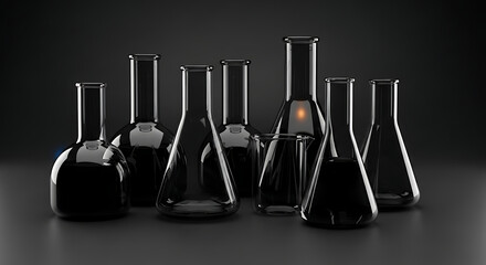 Black Laboratory Glassware with Glowing Flask on Dark Background for Scientific Art, Mystery, and Design Concepts, 32K Revolution