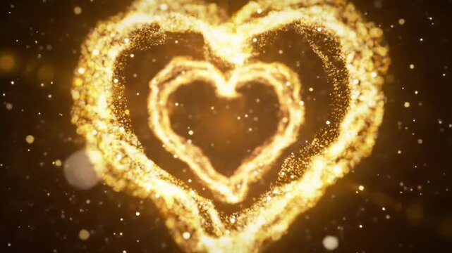 Golden sparkling particles forming a vibrant, pulsating heart glowing with inner luminescence, radiating light in a dark cosmic void with soft bokeh and golden hour glow. Romantic concept