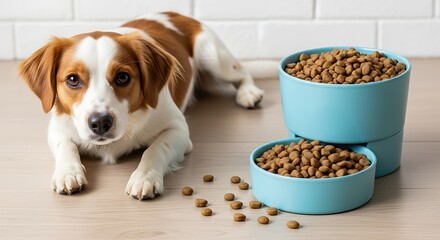 Dog Eating Food From Elevated Bowl.