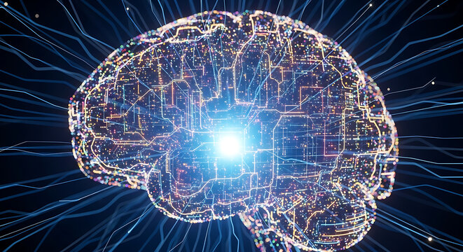 Glowing brain with circuit patterns and neural connections on a dark blue background display ai generated