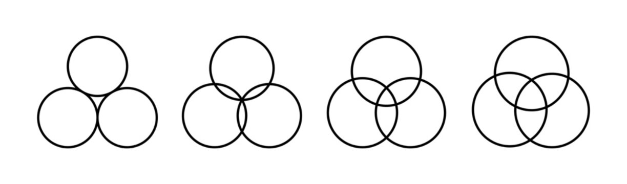 Three intersecting circles set. Circle Venn diagram with three parts. Infographic chart line icon. 3 overlap balance elements diagram. Vector illustration isolated on white background.