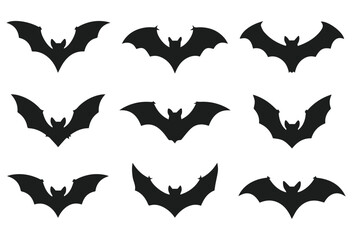 vector set of flying bat silhouettes in black