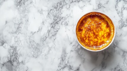Freshly Baked Crème Brûlée on Marble Countertop, Dessert Delight