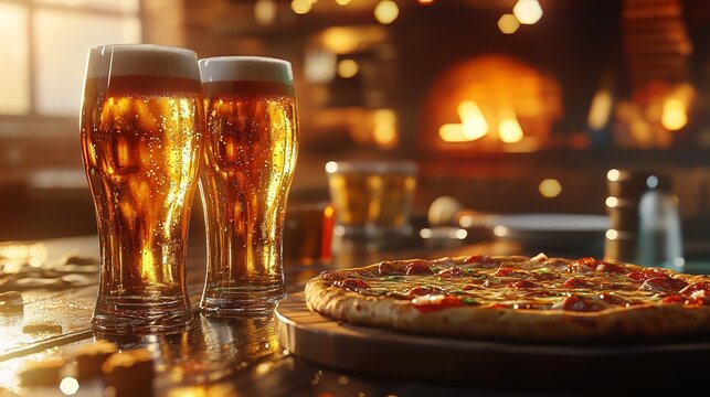 Delicious Homemade Pizza with Two Draft Beer Glasses in Cozy Fireplace Setting, Comfort and Relaxation