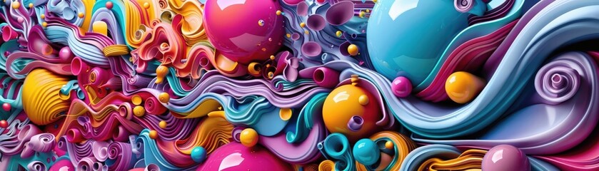 3D illustration of a surreal pop art scene, combining elements of fantasy and modern art with bright, contrasting colors and imaginative design to create a striking visual