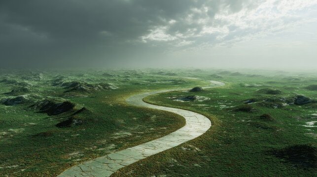 Winding path through green landscape