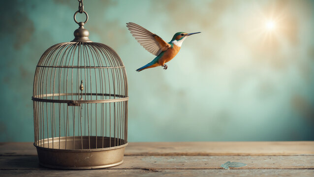 Freedom Metaphor – Colorful Hummingbird Escaping Vintage Birdcage for Inspirational Art and Motivational Designs - Powered by Adobe
