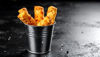 Close-up of cheesy baked breadsticks in a small, shiny silver bucket. Dark, textured surface