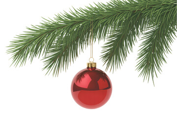 Festive red Christmas ornament glistening on evergreen bough, holiday cheer, festive decoration, seasonal celebration, joyful