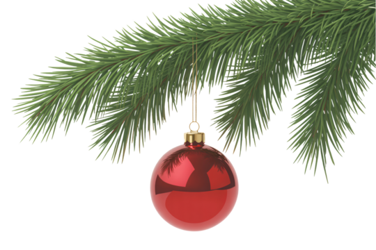 Festive red Christmas ornament glistening on evergreen bough, holiday cheer, festive decoration, seasonal celebration, joyful