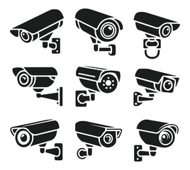 vector set of security camera icons in black silhouette