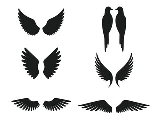 vector set of bird wings and flying silhouettes