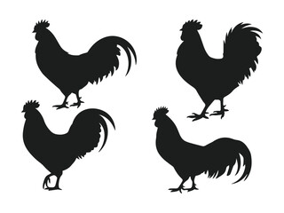 vector set of rooster silhouettes in different poses