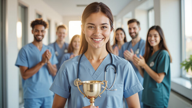 Healthcare Professional Recognition Ceremony – Medical Team Celebrating Achievement with Award Trophy for Doctor's Day, Medical Excellence, and Healthcare Professional Appreciation