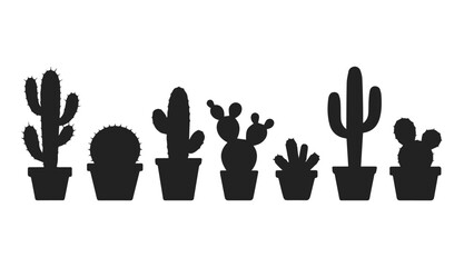 vector set of cactus plant silhouettes in pots