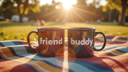 Friendship Mugs on Colorful Picnic Blanket – Ceramic Cups with "Friend" and "Buddy" Inscriptions for International Friendship Day Celebrations, Social Media, and Gift Inspiration