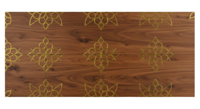Elegant wooden plank with gold floral design: An exquisite wooden plank is adorned with a delicate and intricate gold floral design, creating a harmonious blend of natural warmth and artistic beauty.