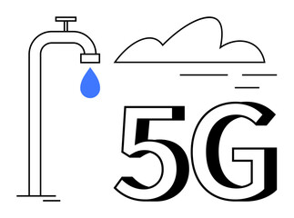 Faucet dripping water, cloud, and 5G text illustrating connectivity, innovation, and data flow. Ideal for technology, IoT, cloud computing, resource optimization data flow digital transformation