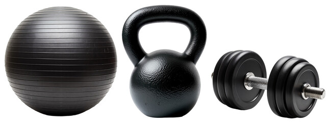 Fitness Equipment Set – Minimalist Black Exercise Ball, Kettlebell, and Dumbbell for Workout Blogs and Fitness Marketing