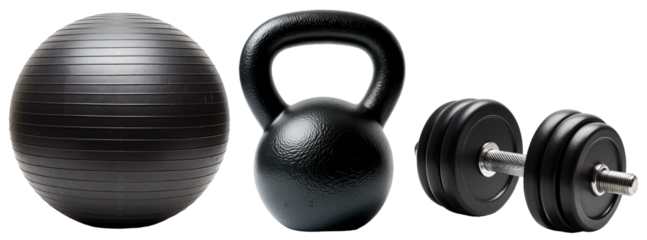 Fitness Equipment Set – Minimalist Black Exercise Ball, Kettlebell, and Dumbbell for Workout Blogs and Fitness Marketing