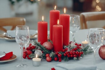 Christmas table with red candles and festive centerpiece