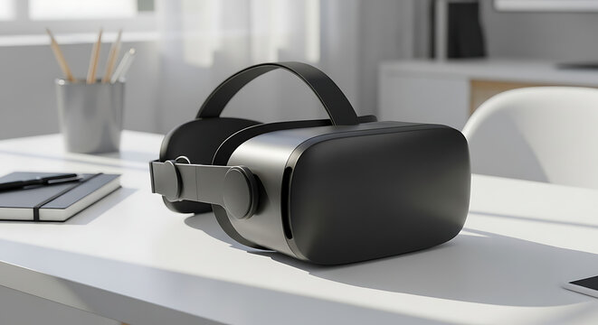A virtual reality headset on a white desk next to a notebook and a cup of pencils in bright light ai generated