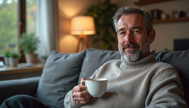 A relaxed elderly man smiles with a cup of coffee in his hands on a cozy sofa in a warmly lit living room with plants and a bookshelf.