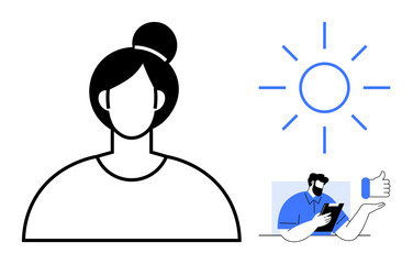 Female outline with bun, simplistic sun, man using tablet, thumbs up for interaction, approval. Ideal for technology, teamwork, motivation productivity feedback simplicity positivity. Flat