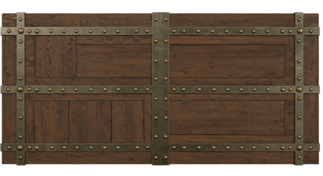 Rustic Wood and Iron: A detailed image of a solid, aged wooden panel door, accented by intricate iron bands and rivets, showcasing a classic design and a touch of vintage charm.