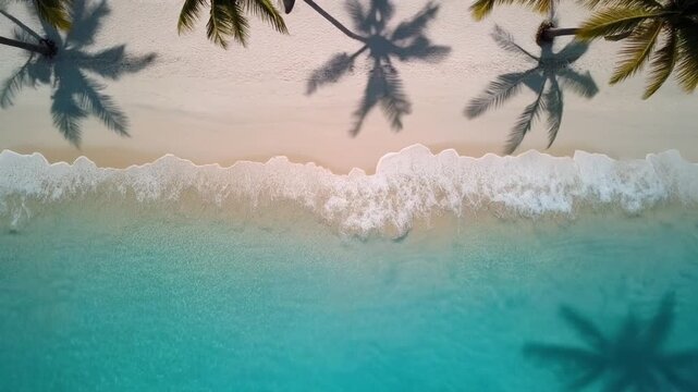 Aerial drone footage of tropical beach with turquoise water and white sand, gentle ocean waves washing ashore, palm shadows moving in sunlight, summer travel and relaxation theme, ultra HD 8K 
