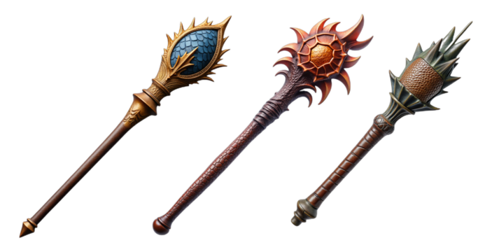 Fantasy Weapon Collection – Blue Gem, Fiery Sunburst, and Spiked Designs for Game Assets and Medieval RPGs