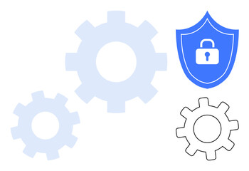 Interconnected gear mechanisms and a shield with a lock emphasizing security, teamwork, and system functionality. Ideal for technology, cybersecurity, teamwork, protection, engineering, process