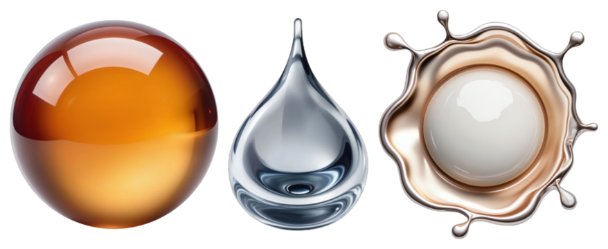 Glossy Spheres and Liquid Droplets – Reflective Amber, Water, and Metallic Splash on Transparent Background for Modern UI Design
