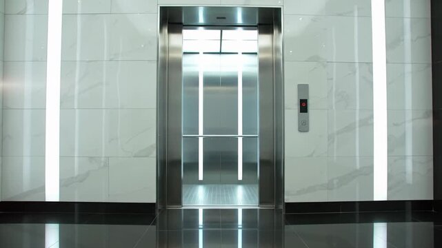 slow dolly in to ultramodern, minimalist steel and chrome elevator doors in futuristic lobby, revealing pristine, LED-lit interior concept of advanced automation and cutting-edge design