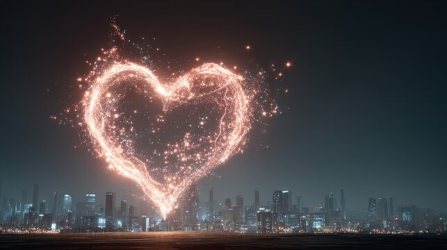 Glowing digital heart of light particles above city skyline at night