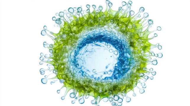 Artistic rendering of a virus cell with a vibrant green and blue color scheme. a detailed, colorful representation of a virus, perfect for scientific or educational use.