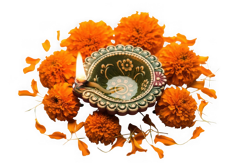 Diwali diya surrounded by marigold flowers isolated on transparent background
