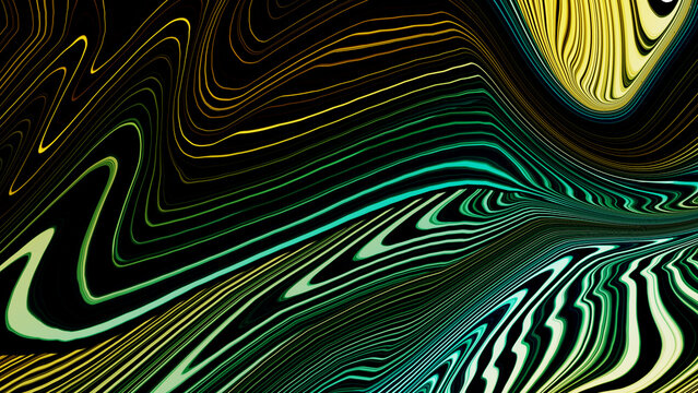 A mesmerizing abstract art piece featuring swirling lines of teal, yellow, and black, creating a dynamic and fluid visual experience with a modern aesthetic