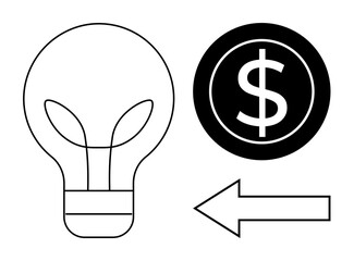 Lightbulb with plant growth inside, dollar symbol in a circle, arrow pointing left. Ideal for ideas, money, finance, investment, business strategy sustainability innovation. Simple flat metaphor